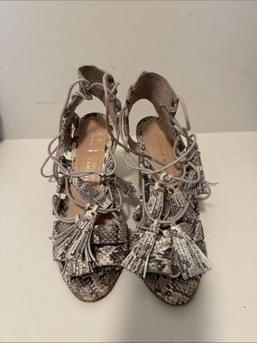 Loeffler Randall Snake-Print Tassel Lace-Up Heels in Taupe/Gray